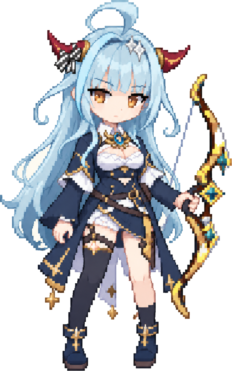 Blue-haired TOKESU character with red horns and a golden bow